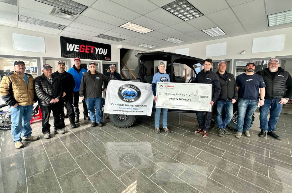 The Kootenay Rockies ATV Club is presented with a $20,000 grant from Yamaha&rsquo;s 2025 Stay Outdoors Program on Thursday, Feb. 19. (Left to right) Ken Stewart, Art Burlingham, Cal Kilbick, ATV Trails Committee chair Bernie Ogonoski, Jim Webster, club president Jean Ogonoski, wholesale business development manager for Yamaha Sam Lundgren, Ghostrider Motorsports GM Blair Cabelguen, regional technical manager for Yamaha Canada Kevin Connor and club vice president Fred Brown. (Paul Rodgers/Kimberley Bulletin).