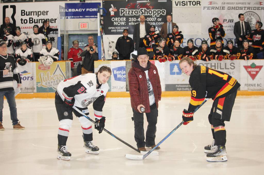 Olympic skier Dylan Marineau participates in the ceremonial puck drop before Game 1 on Fri, Mar. 6 (Matt Laurin photo)