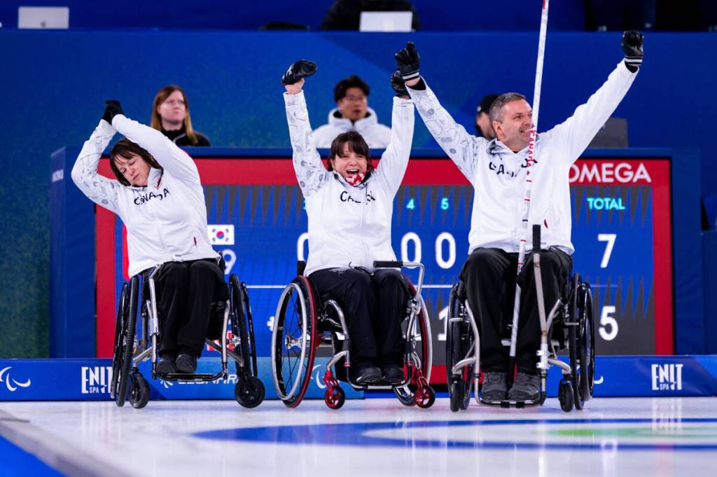 Spallumcheen&rsquo;s Ina Forrest (left) and Canadian teammates Collinda Joseph (centre) and Mark Ideson react after stealing three points in the final end for a stunning 8-7 victory over Korea in the semifinals of wheelchair curling at the Paralympics in Italy Friday, March 13. (World Curling Facebook photo)